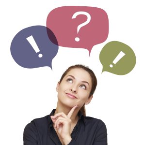 Business thinking woman with colorful chat bubbles above isolated